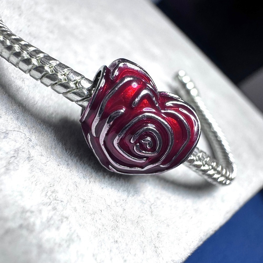 Heart Rose Charm Bead Red Enamel Silver Tone fits Pandora - Picture 6 of 11
